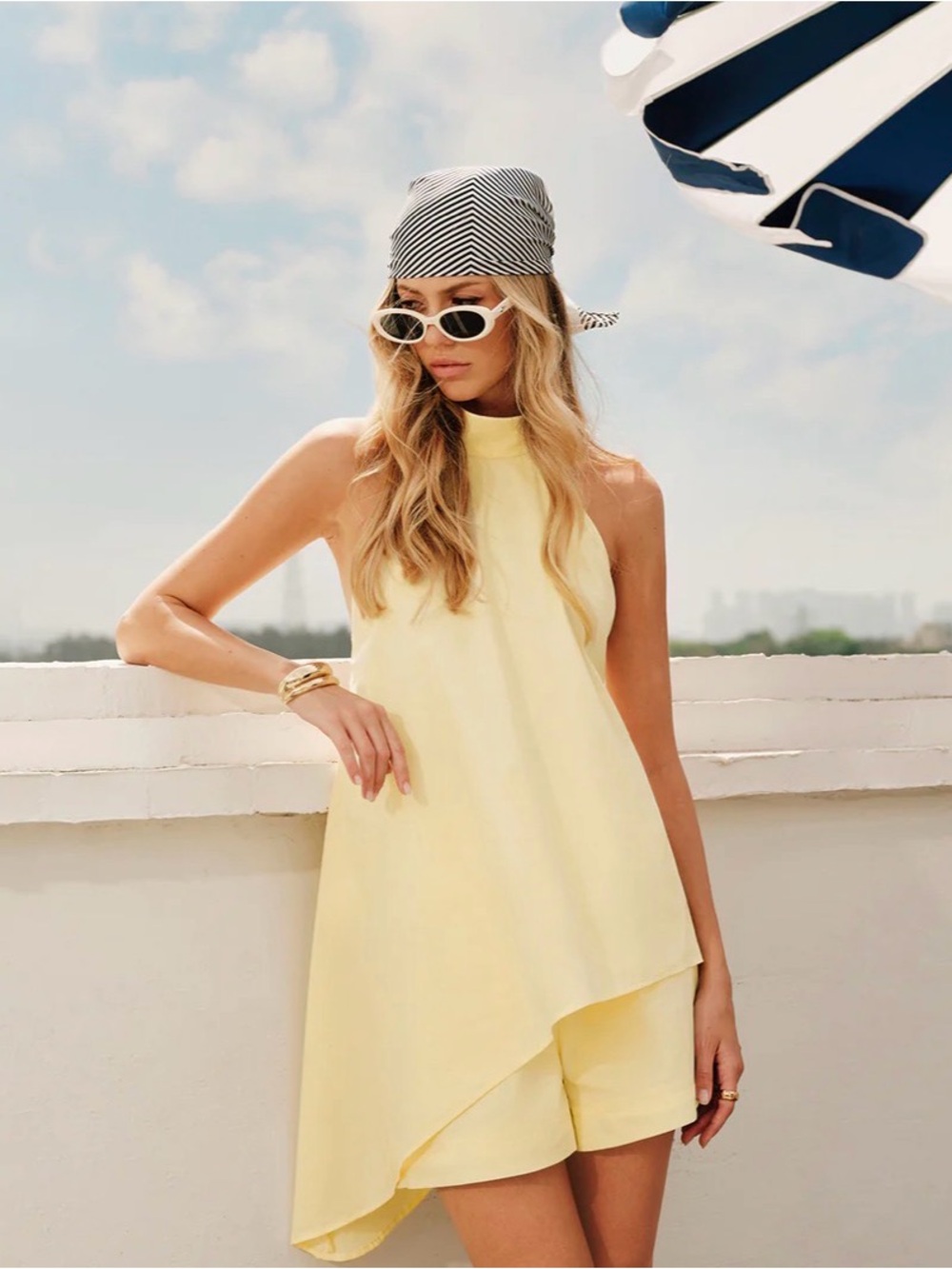 Commense Button Asymmetrical Backless Shorts Set in Butter Yellow. Size X-Small